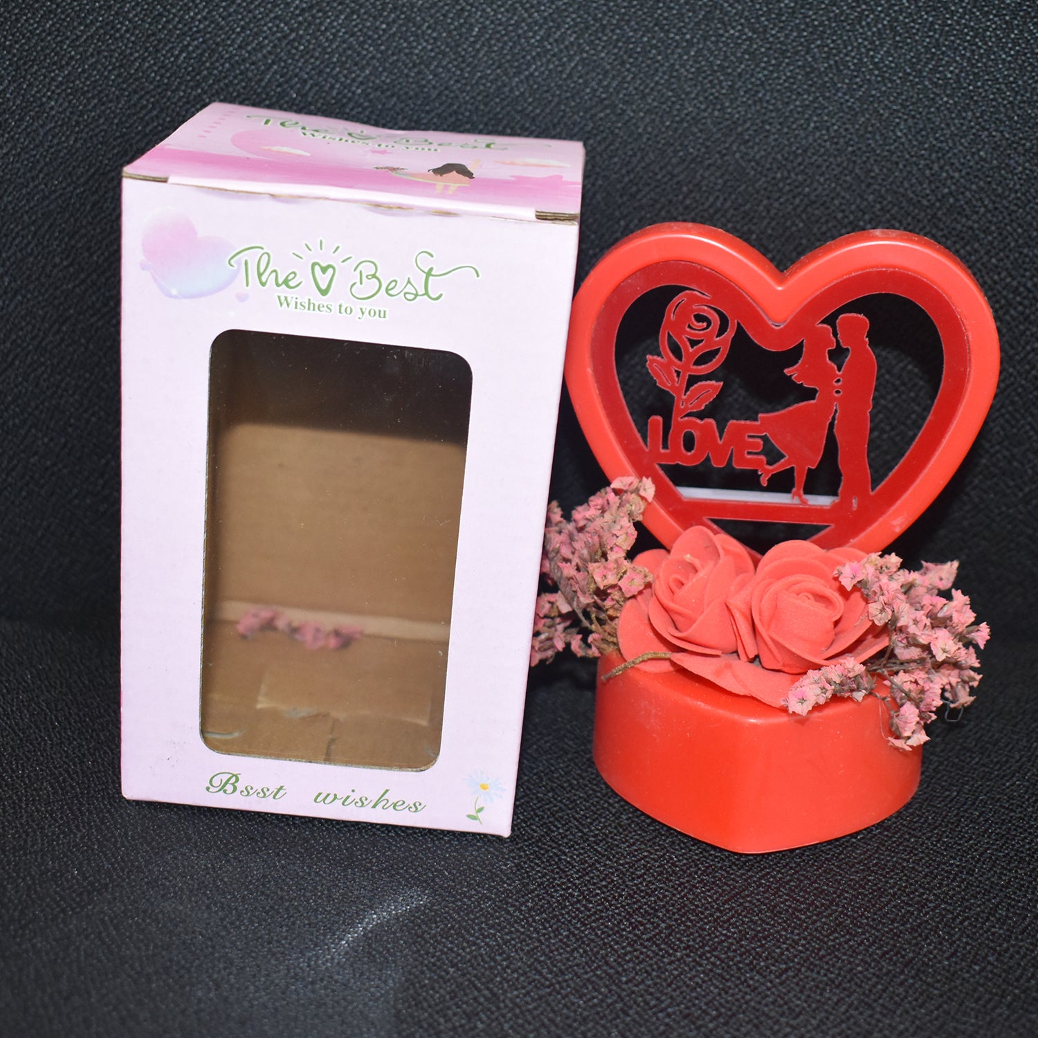 Romantic Heart-shaped Love Couple Decorative Showpiece With Rose Base (1 Pc)