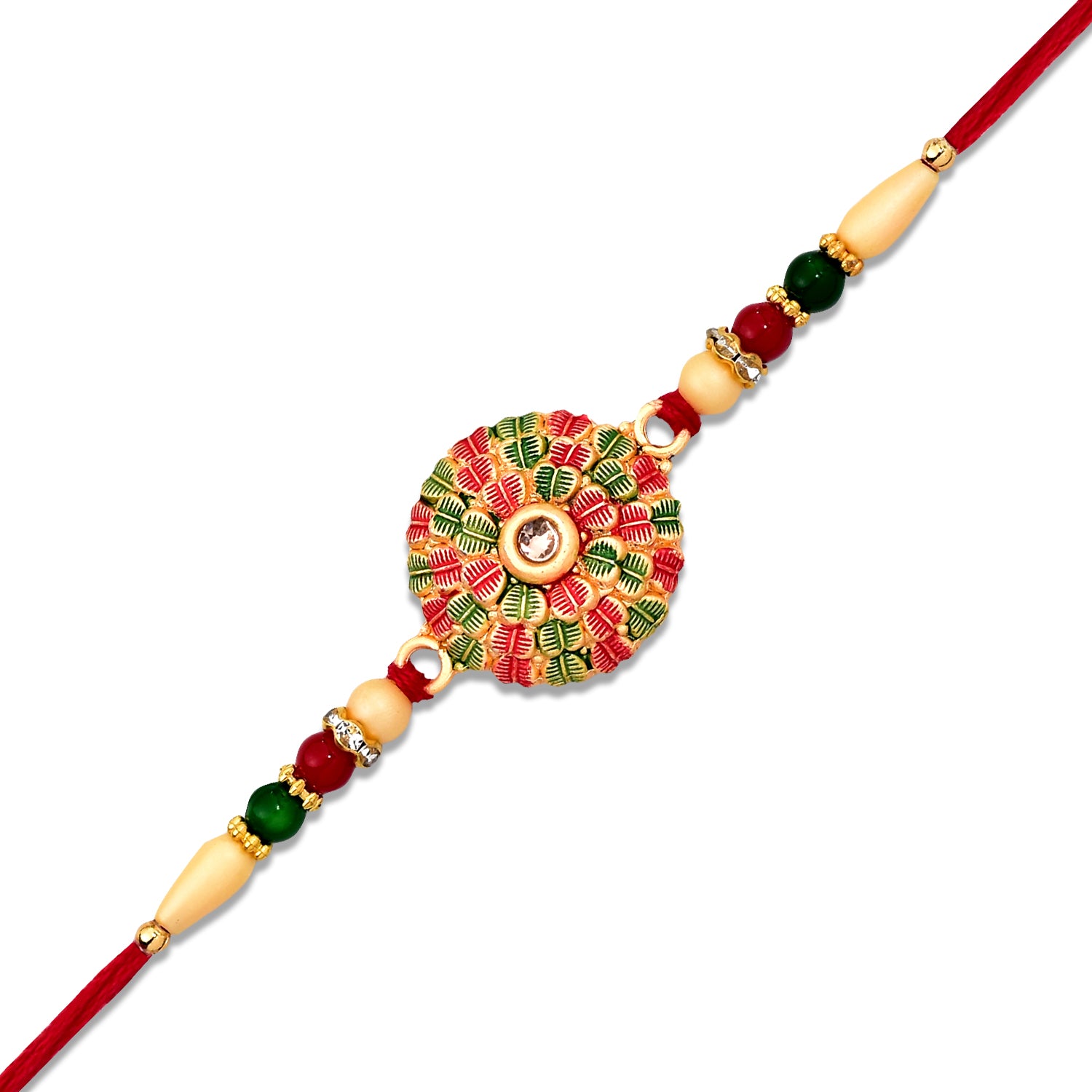 Traditional Kundan Rakhi With Golden Floral Base And Rudraksha Beads