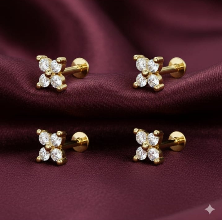 Gold plated clover flat back labret AD nosepin stud combo pack of 4