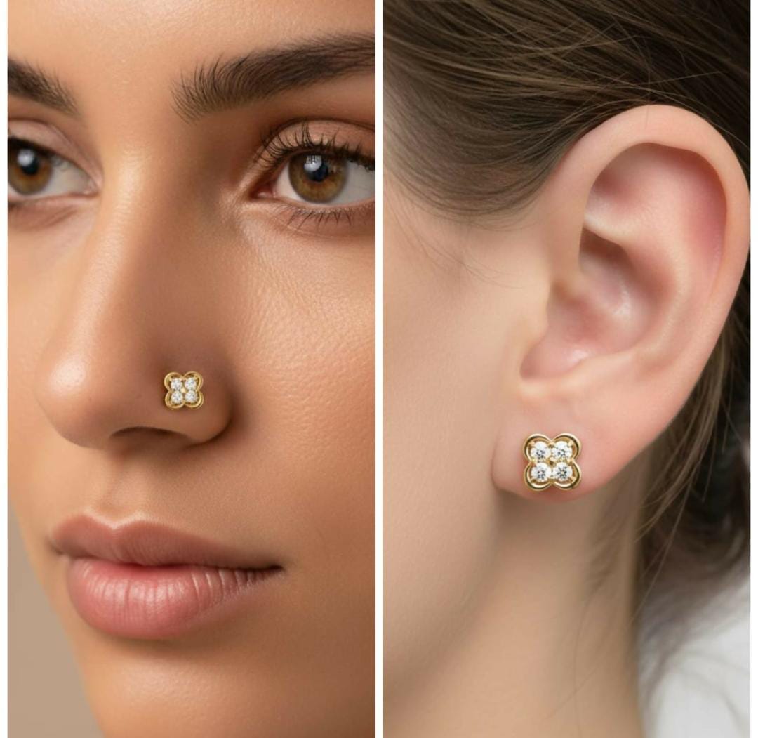 Gold plated Clover AD Nosepin Stud Piercing for Women And Girls Combo pack of 3
