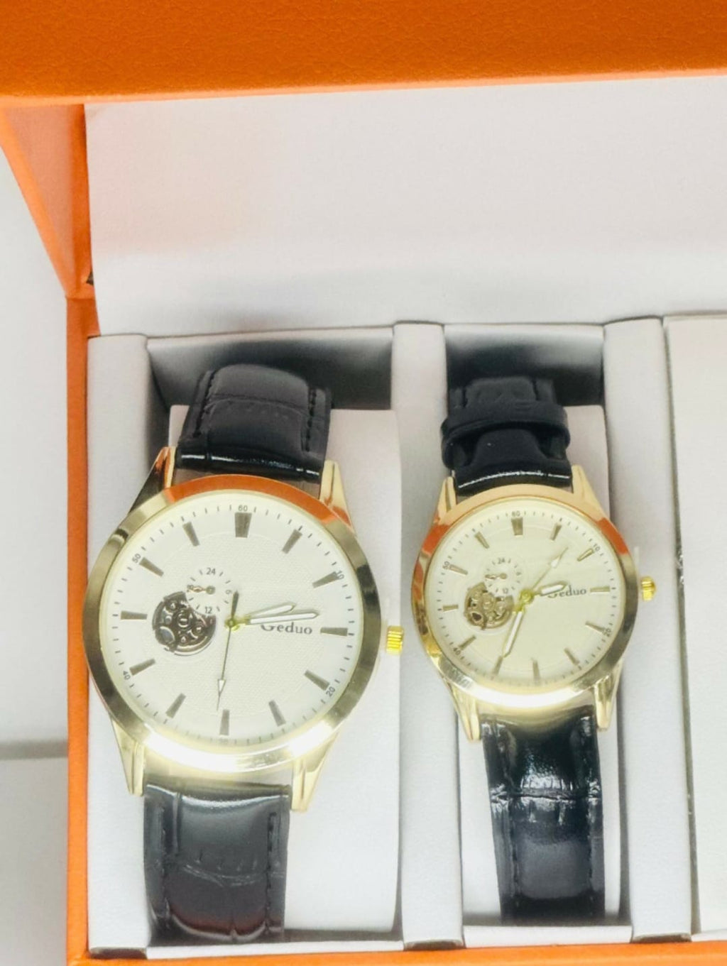 Luxury couple watch and pendant gift set- matching his and her classic Gold dial analogue watches with black and  silver 'Love' heart necklaces - romantic anniversary or valentine's gift in premium Orange box.
