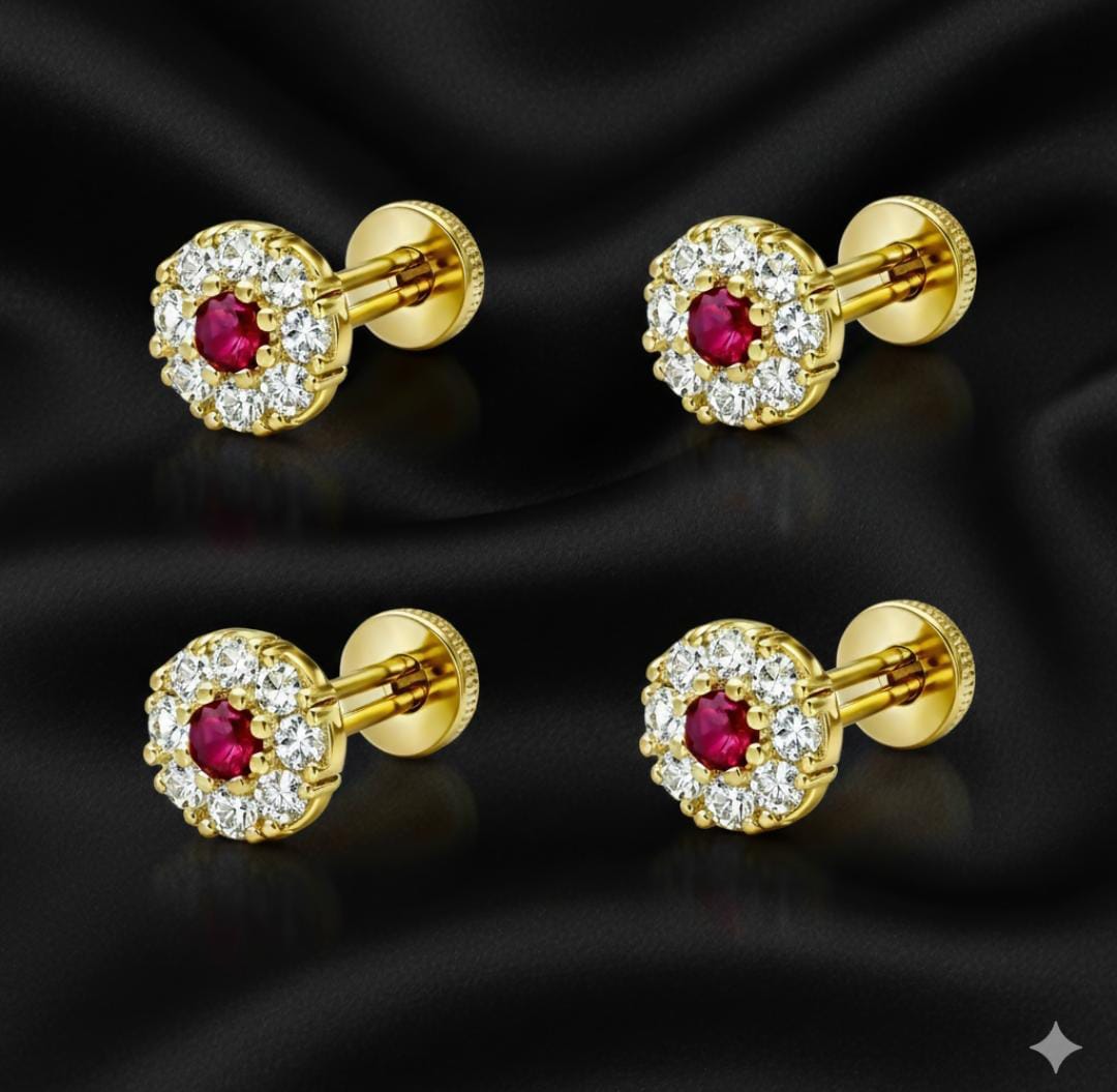 Gold plated Ruby and diamond floral halo nose pin labret stud combo pack of 4