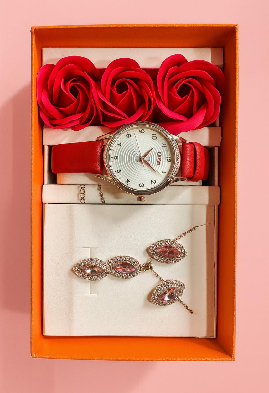 Luxury red watch and rose gold jewellery gift set for women