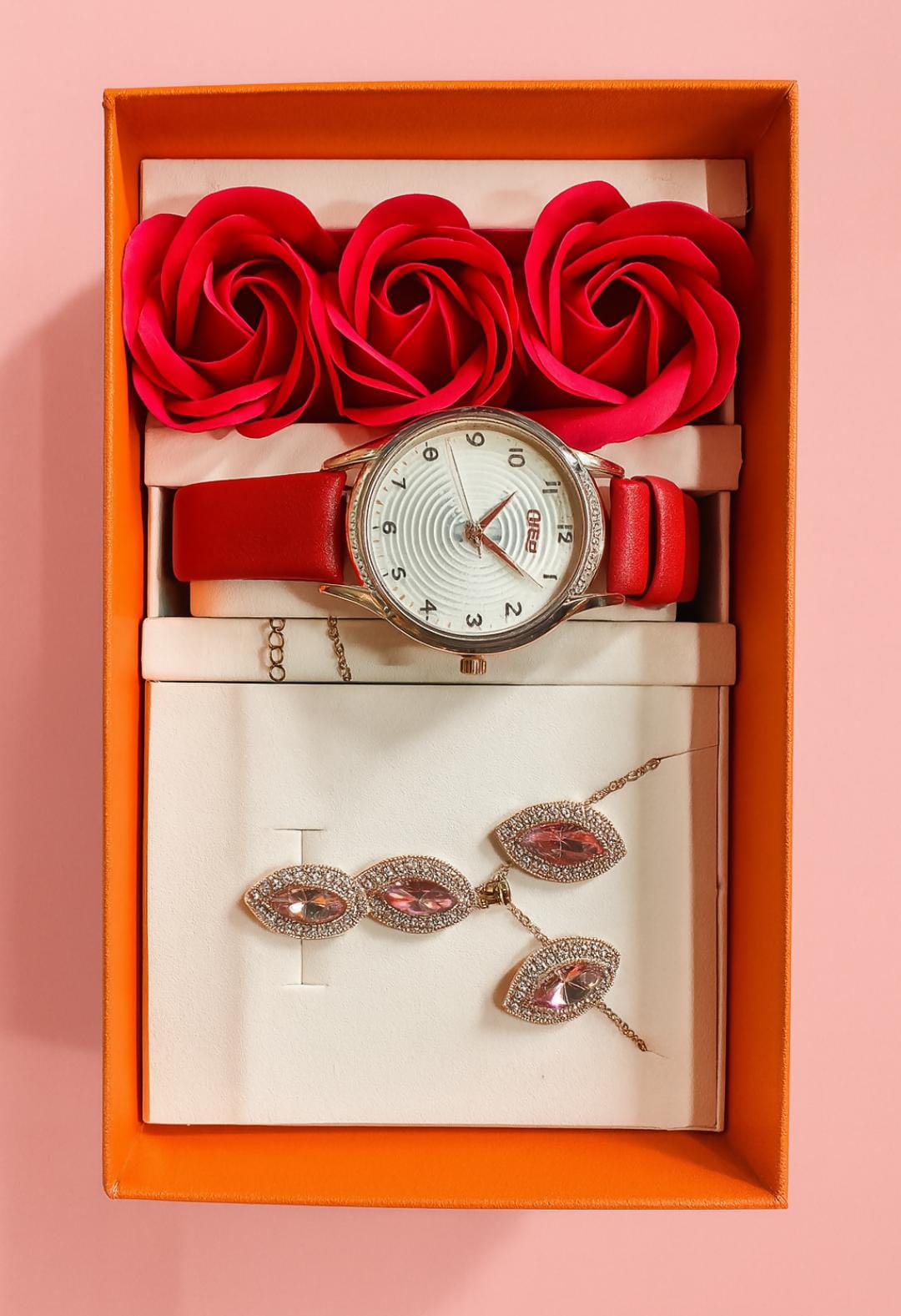 Luxury red watch and rose gold jewellery gift set for women