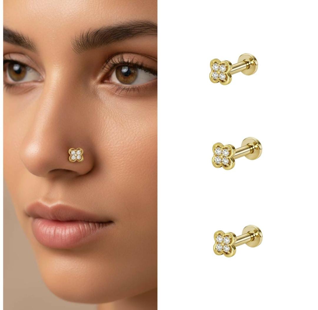 Gold plated Clover AD Nosepin Stud Piercing for Women And Girls Combo pack of 3