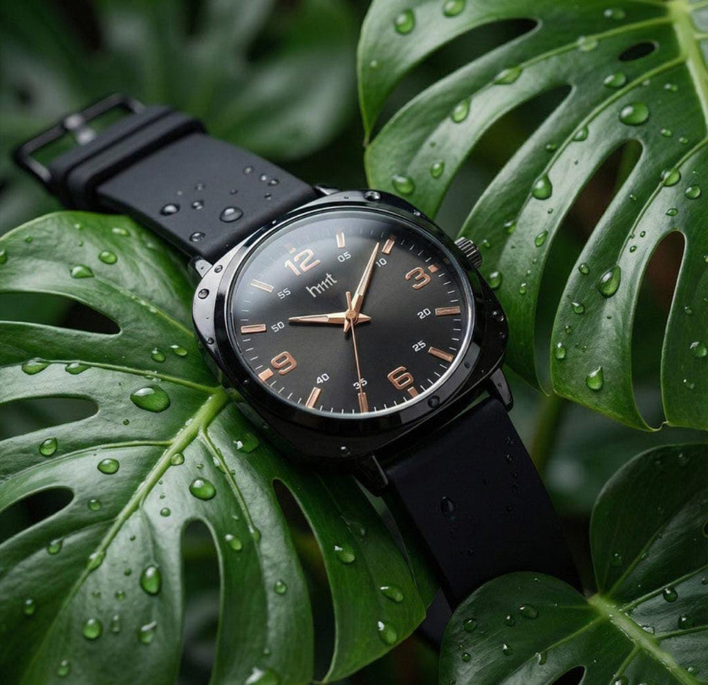 Classic analogue wrist watch with black dial and multi colour silicone strap for daily and casual wear.