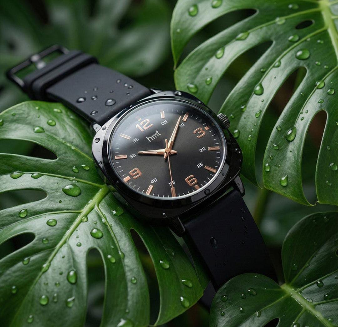 Classic analogue wrist watch with black dial and multi colour silicone strap for daily and casual wear.