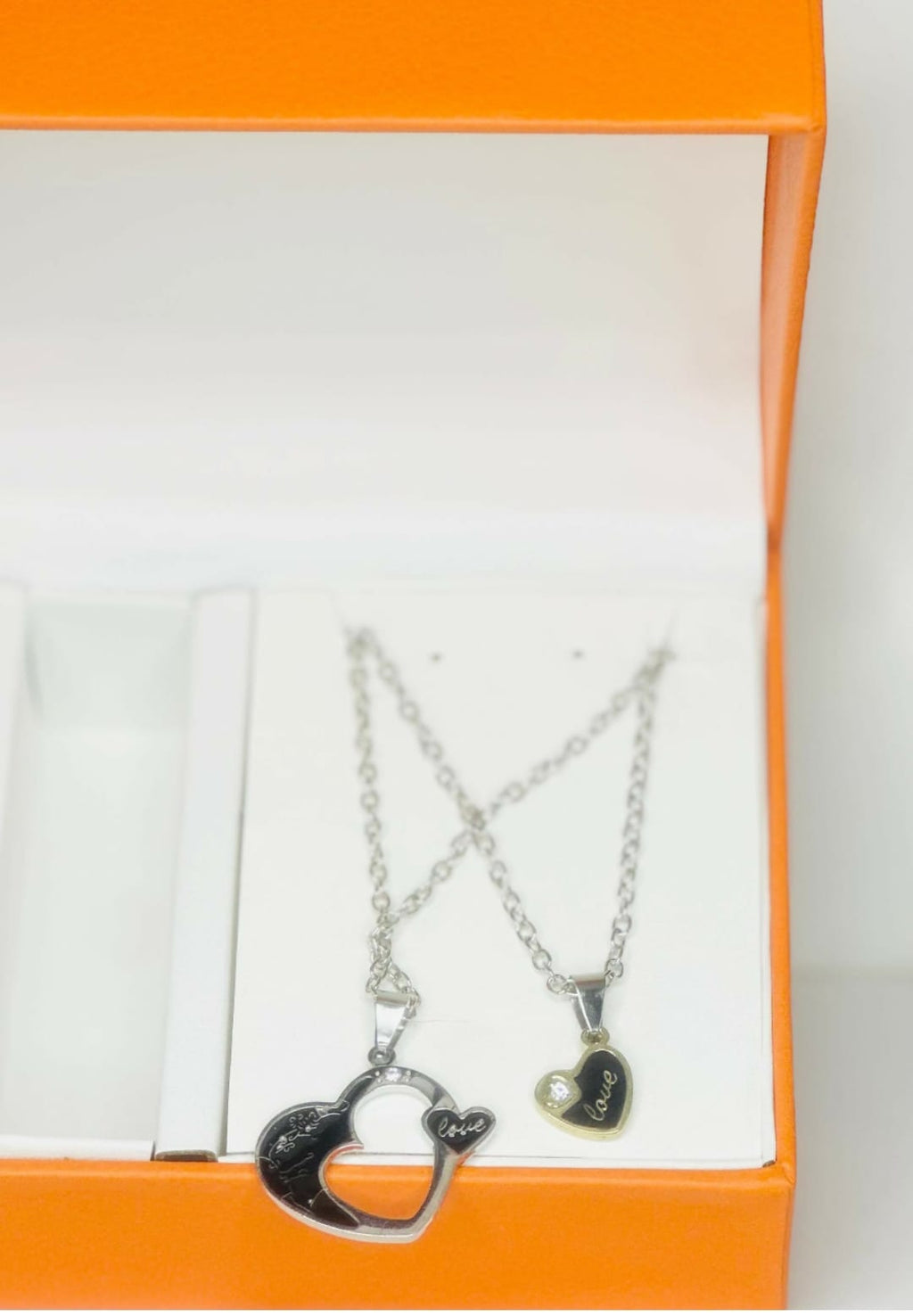 Luxury couple watch and pendant gift set- matching his and her classic Gold dial analogue watches with black and  silver 'Love' heart necklaces - romantic anniversary or valentine's gift in premium Orange box.