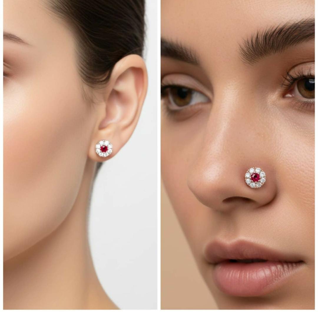 Gold plated Ruby and diamond floral halo nose pin labret stud combo pack of 4