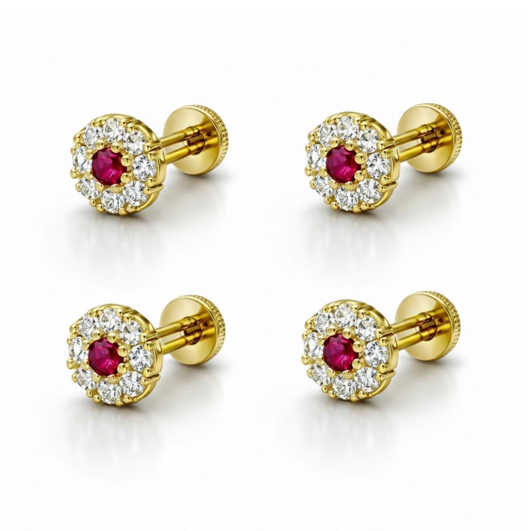 Gold plated Ruby and diamond floral halo nose pin labret stud combo pack of 4
