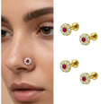 Gold plated Ruby and diamond floral halo nose pin labret stud combo pack of 4