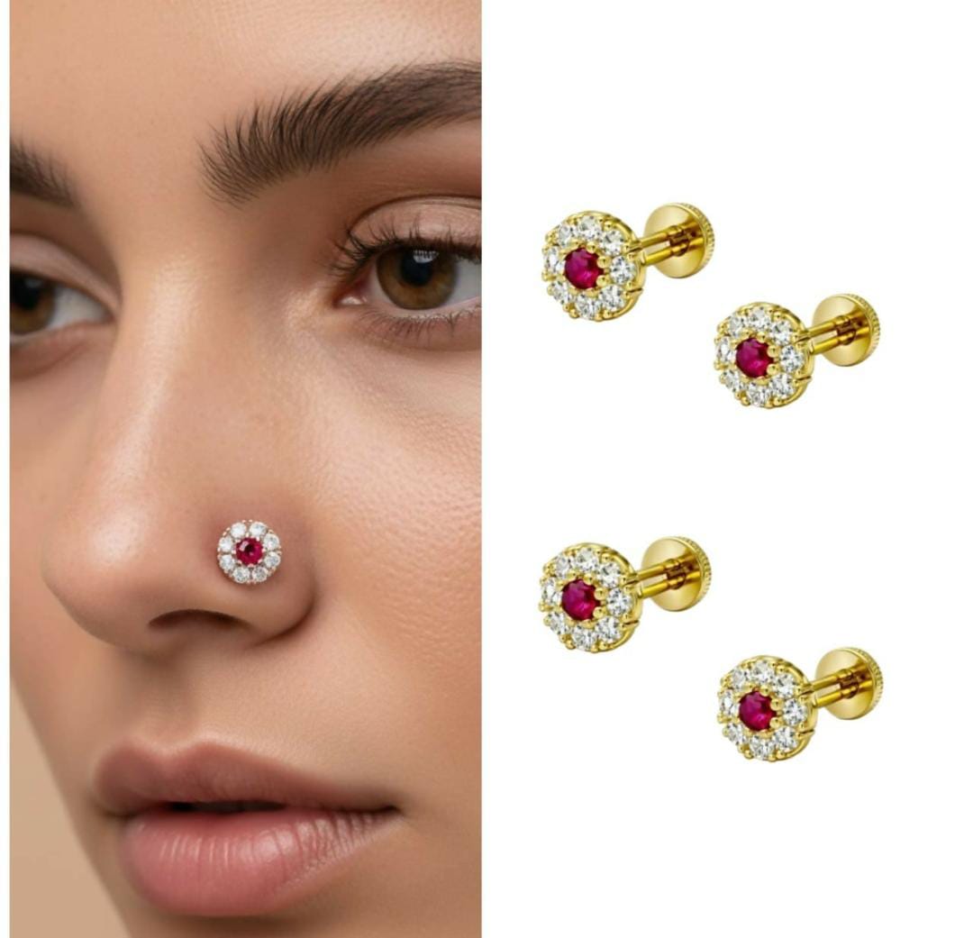 Gold plated Ruby and diamond floral halo nose pin labret stud combo pack of 4