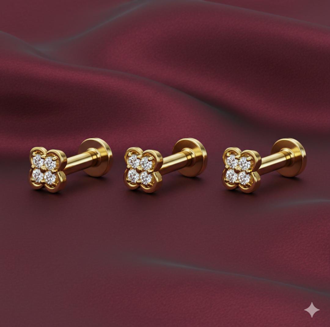 Gold plated Clover AD Nosepin Stud Piercing for Women And Girls Combo pack of 3