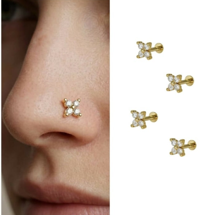 Gold plated clover flat back labret AD nosepin stud combo pack of 4