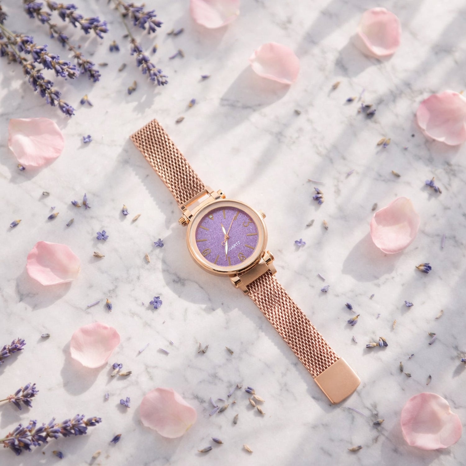 Elegant Rose Gold Mesh Strap Analog Wrist Watch For Women (1 Pc)